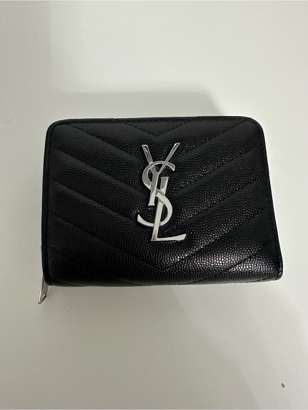 Saint Laurent Black Chevron Quilted Zip-Around Wallet with Silver YSL